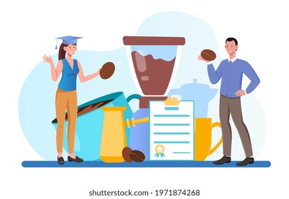 Male tutor gives masterclass to female student. Study course for barista. Learn how to do coffee. Flat abstract metaphor cartoon vector illustration concept design. Isolated on white background