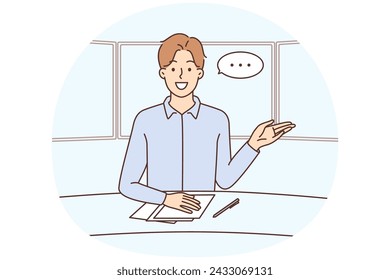 Presentador masculino de la TV con la burbuja del discurso encima de hablar en el estudio. Reportero o periodista de noticias en el trabajo. Transmisión en vivo por televisión. Ilustración vectorial.