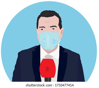 Male Tv Reporter with Face Mask for Protection Pandemic Virus, Vector Drawing Man Wearing Safety Mask