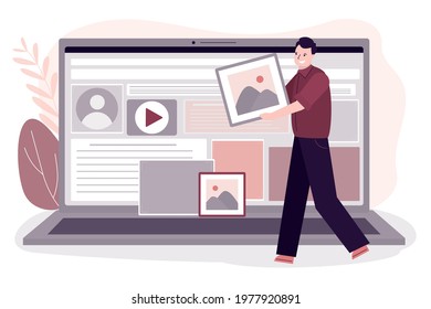 Male UI and UX designer build website on laptop screen. Employee man codering internet site. Web development process. Programer holding icon. Construction and programming web page. Vector illustration