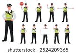 Male UK Police Officer Cartoon Vector Illustration Poses. Young White Police Man Cop In Uniform. Standing, Holding Signboard, Stop Sign, Ticket, Visibility Vest, White Isolated