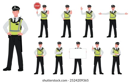 Männlich UK Police Officer Cartoon Vektor Illustration Poses. Junger Polizist in Uniform. Stehend, Schild halten, Stoppschild, Ticket, Sichtweste, weiß isoliert