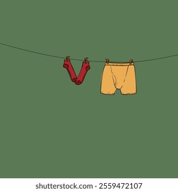 Male underwear and socks drying on a rope attached with clothespins, Hand drawn color illustration, Vector doodle