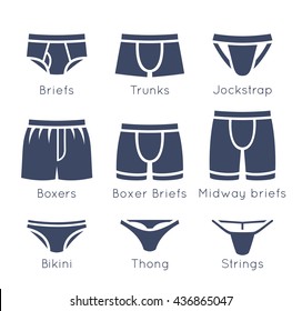 Male underwear types flat silhouettes vector icons set. Man briefs fashion styles. Front view. Underclothes infographic design elements. Classic boxers, trunks, bikini, string, thong. Outline Isolated