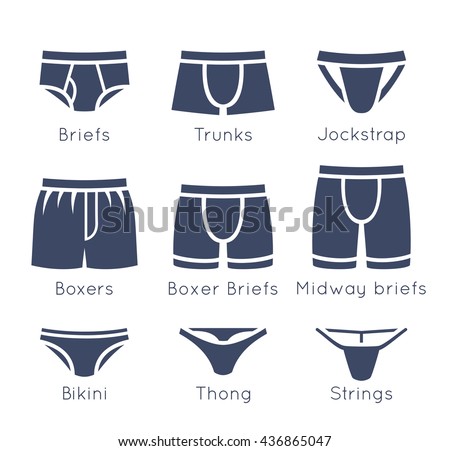 Male underwear types flat silhouettes vector icons set. Man briefs fashion styles. Front view. Underclothes infographic design elements. Classic boxers, trunks, bikini, string, thong. Outline Isolated