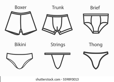 Male underwear types flat thin line vector icons set. Man briefs fashion styles linear collection. Front view. Underclothes infographic elements. Classic boxers, trunks, bikini, strings, thong svg
