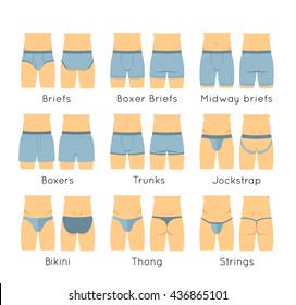 Male underwear types flat vector icons set. Modern man briefs fashion styles on torso figures. Underclothes infographic design elements. Classic boxers, trunks, string, thong. Front, back view.  svg