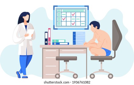 Male undressed patient sit in medical office. Woman doctor reading paper document in clinic