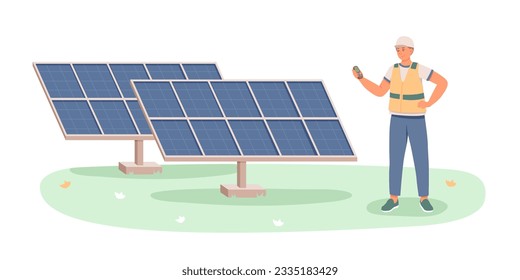 Male in uniform controlling process of installing solar panels. Consumption of solar panel at home. Concept of rational use of natural energy for domestic needs. Flat vector illustration