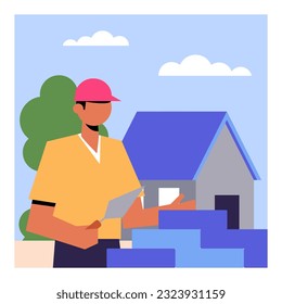 Male in uniform holding spatula, standing near materials. Building construction process. Construction and repair concept. Flat vector illustration in blue and yellow colors