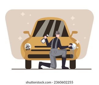 Male in uniform holds sponge and detergent and washes headlights. Place for auto transport wash. Flat vector illustration in blue and brown colors in cartoon style