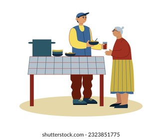 Male in uniform prepare and give hot meal as charity. Food donation for people in need. Volunteer kitchen, aid and assistance. Flat vector illustration in blue and yellow colors