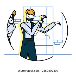 Male in uniform and protective helmet holding hammer and hammering nail in wall. Builder build house. Flat vector illustration in cartoon style in blue and yellow colors