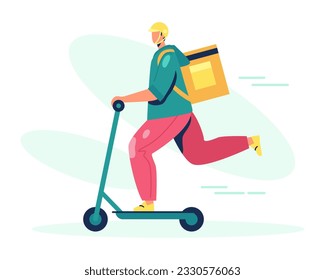 Male in uniform and protective helmet riding scooter. Delivery methods for goods, food. Various equipment for courier. Fast shipping. Colorful flat vector illustration in cartoon style