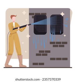 Male in uniform and protective shoes holding hose and cleans windows under pressure of water. Car wash concept. Flat vector illustration in blue and brown colors