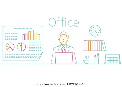 Male upper body front of suit in three color line drawing office