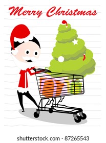 male urge to celebrate Christmas with a basket containing gifts and Christmas trees