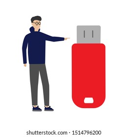Male and usb flash drive. Flat cartoon character isolated on white background