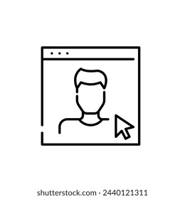 Male user avatar in a browser page with a mouse pointer over it. Online profile access and social media interaction icon