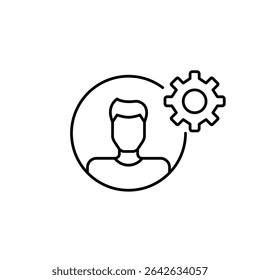Male user avatar and cogwheel. Account settings, admin or user control. Customization, hr or user management software. Pixel perfect, editable stroke vector icon