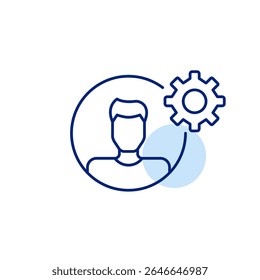 Usuário masculino avatar e roda dentada. Configurações de conta, controle de usuário ou administrador. Software de gerenciamento de personalização, hr ou usuário. Pixel perfeito, ícone de vetor de traçado editável
