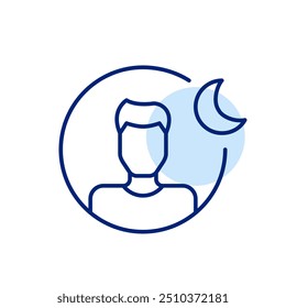 Male user avatar with crescent moon next to it. Night time mode or sleep tracker app. Pixel perfect, editable stroke icon