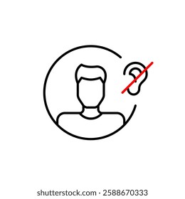 Male user avatar and ear crossed with red line. Mute mode, audio playback off. Hearing impaired or deaf people. Pixel perfect, editable stroke vector icon