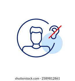 Male user avatar and ear crossed with red line. Mute mode, audio playback off. Hearing impaired or deaf people. Pixel perfect, editable stroke vector icon