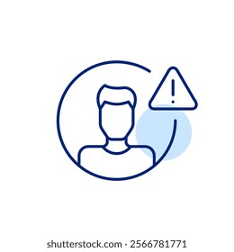 Male user avatar and triangle with exclamation mark. Account safety alert, hazard warning. Pixel perfect vector icon
