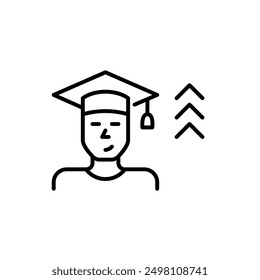Male user avatar wearing graduation hat and arrows up. Career opportunities for men with higher education degrees. Pixel perfect vector icon