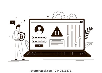 Male user changes the laptop settings, strengthens security of operating system. Updating software, upgrade and installation new program. Concept of system update, integration. Vector illustration