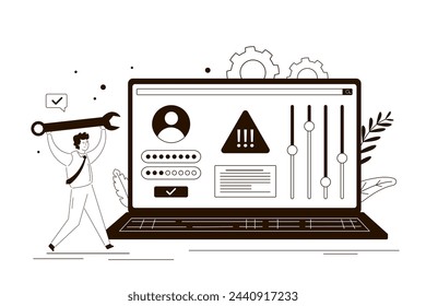 Male user changes the laptop settings, strengthens security of operating system. Repairman with wrench updating software or repairing system. Upgrade and installation new program. Vector illustration