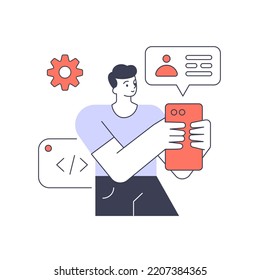 Male user chat customer support mobile application program development vector flat illustration. Cyberspace interface programming process software platform digital coding network engineering