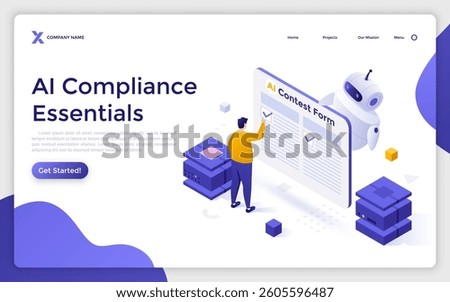Male user with computer studying contest form on white background. AI compliance essentials landing page isometric template. Digital laws regulations creative 3d vector illustration for web page