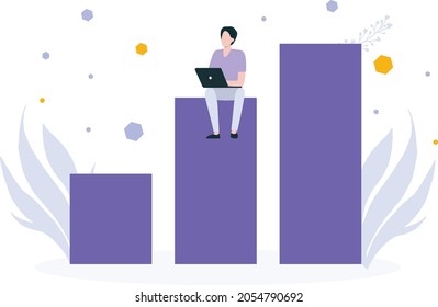 male user doing work on laptop on sitting graph bars.