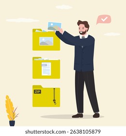 Male user folds documents and media content in various folders. File management, keeping in order electronic information. Business data organization and storage, digital archives. vector illustration