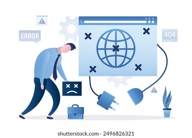 El usuario masculino está frustrado por la falta de conexión a Internet. Ventana del navegador con el enchufe sacado del zócalo. Concepto de error de servidor, el Sitio web no está disponible. Negado el acceso en línea de un empresario. Vector