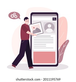 Male user holding picture and change personal smartphone settings. Handsome man adjusts profile in mobile phone. Customization app settings. Website User interface. Trendy flat vector illustration