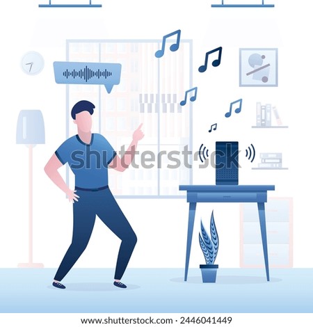 Male user listening music column and dancing. Voice assistant, part of smart home. Access for online playing music and audio files. Wireless technology. Acoustic system. Handsome dancer. Home party.