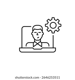 Usuário masculino no laptop. Configurações do usuário, espaço de trabalho personalizado, configuração do usuário, personalização do sistema, ferramentas de produtividade. Pixel perfeito, ícone de vetor de traçado editável