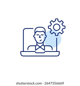 Usuário masculino no laptop. Configurações do usuário, espaço de trabalho personalizado, configuração do usuário, personalização do sistema, ferramentas de produtividade. Pixel perfeito, ícone de vetor de traçado editável