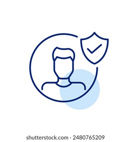 Male user profile, shield and checkmark. Verified identity, safe user experience. Data security and protection. Pixel perfect icon