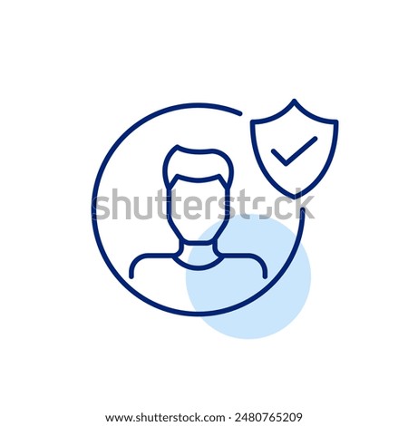 Male user profile, shield and checkmark. Verified identity, safe user experience. Data security and protection. Pixel perfect icon