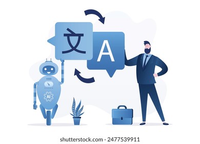 Male user and robot holding speech bubbles with language signs. Chat bot helps translate texts and messages. Foreign language course, app for online training, e-learning. flat vector illustration