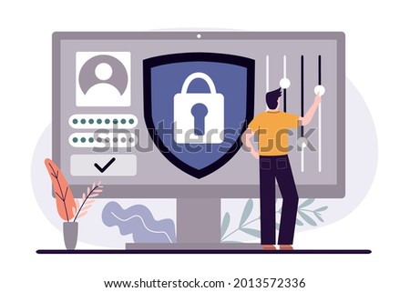 Male user setting private account. Concept of personal data protection and secure sign-in. Users use secure login and password. Profile and account protection on internet. Flat vector illustration