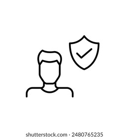 Usuario masculino, escudo y marca de verificación. Prácticas seguras de Internet. Ciberseguridad e interacciones seguras en línea. Icono Vector