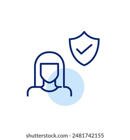 Usuario masculino, escudo y marca de verificación. Prácticas seguras de Internet. Ciberseguridad e interacciones seguras en línea. Icono Vector