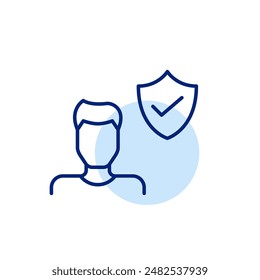 Male user, shield and checkmark. Secure internet practices. Cyber security and safe online interactions. Pixel perfect icon