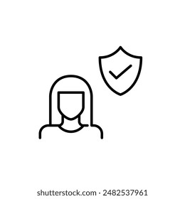 Male user, shield and checkmark. Secure internet practices. Cyber security and safe online interactions. Pixel perfect icon