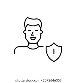 Male user, shield and exclamation mark. Privacy breach warning, system data alert. Pixel perfect vector icon